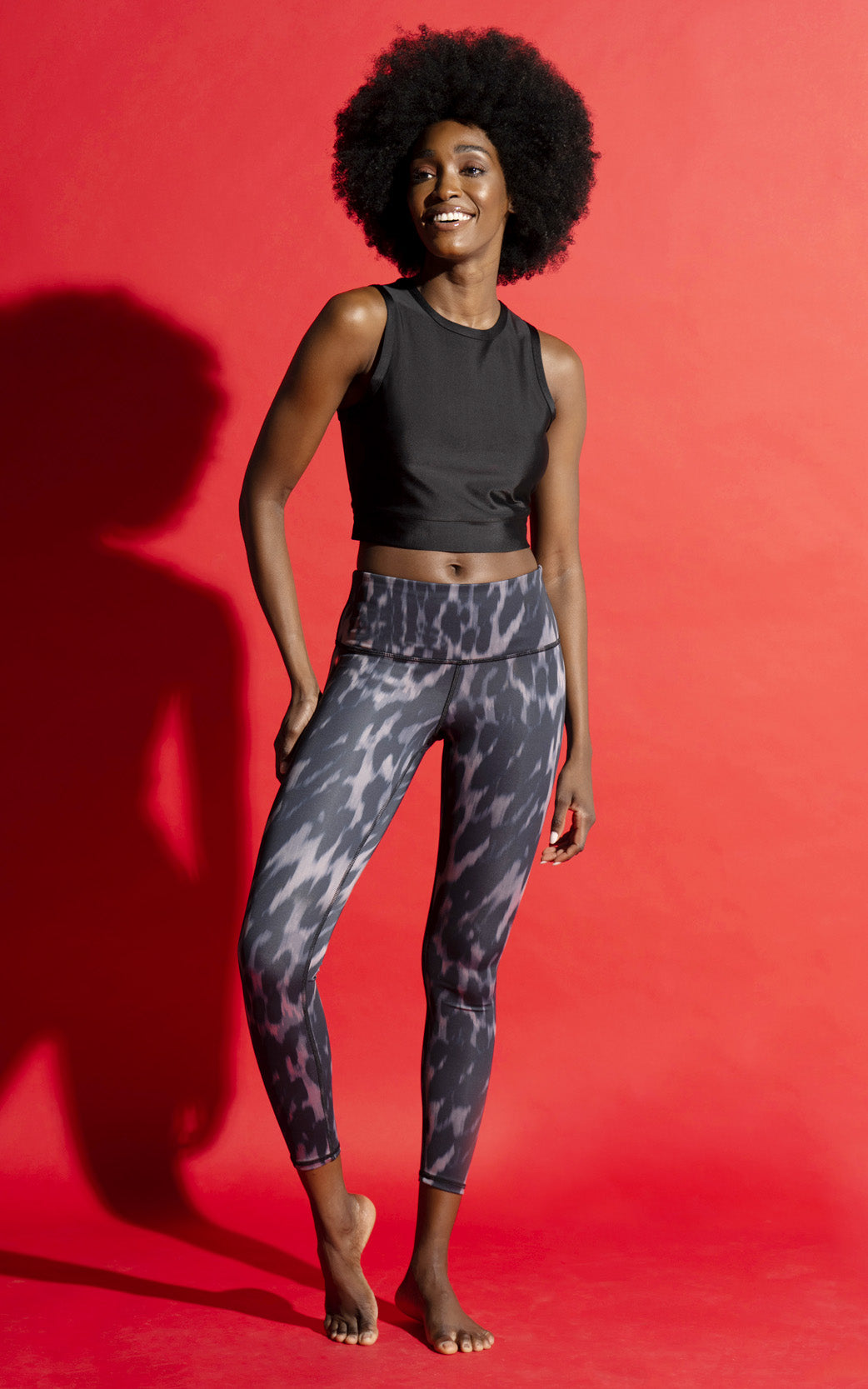 WOMEN'S HIGH RISE LEGGING IN A BEAUTIFUL NEW DARK SKIN LIFESTYLE PRINT. LEGGING INSEAM 26" SOLID BLACK INSIDE