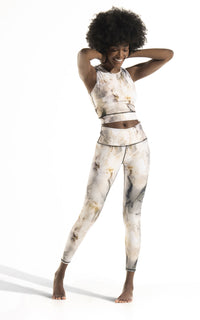 Women's High Rise full length legging with marble print in neutral earth tones. Inseam 26" with High band waist and matching cropped sport tank