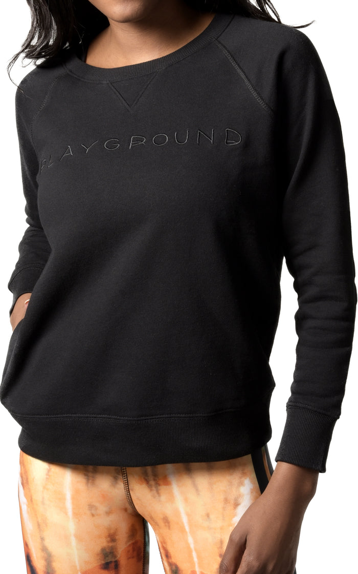 women's black crew neck retro sweatshirt with playground self color embroidery logo