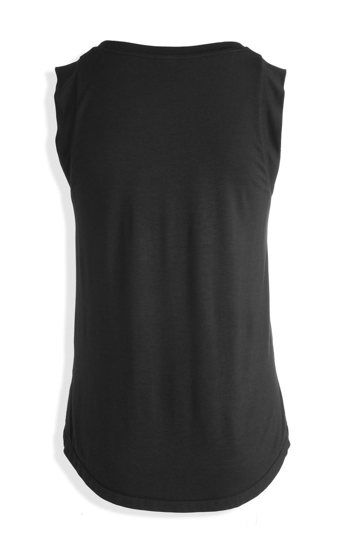 Women's Black Tank with Cap sleeve-slits at bottom-long fit