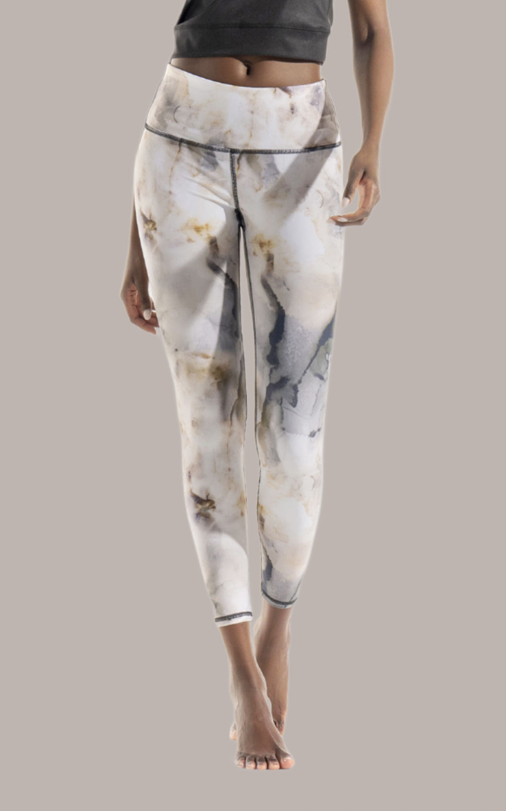 Women's High Rise full length legging with marble print in neutral earth tones. Inseam 26" with High band waist and matching cropped sport tank