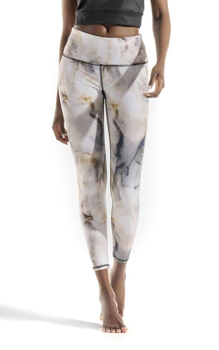 Women's High Rise full length legging with marble print in neutral earth tones. Inseam 26" with High band waist and matching cropped sport tank