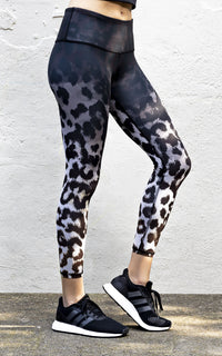 Women's high rise legging in an engineered skin print with ombre wash of neutral colors. High waisted with high band and 26" inseam. Fabric is all black inside with luxury feel and fit